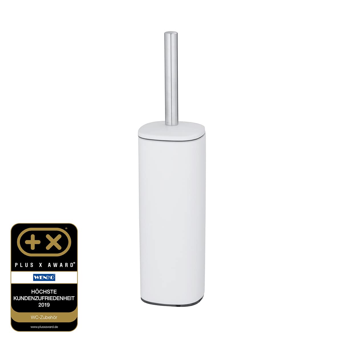 WENKO Escobillero cerrado Alassio, escobillero de diseño cerrado con escobilla negra y cabezal reemplazable para inodoro Ø 8,5 cm, acero, 9,3 x 39,2 x 9,3 cm, blanco mate