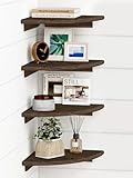 Forbena Floating Corner Shelves for Wall Set of 4, Small Corner Bookshelf for Bedroom Books, Round Wooden Corner Shelf Wall Mount for Bathroom Plants, Kitchen, Living Room Decor (Dark Brown)