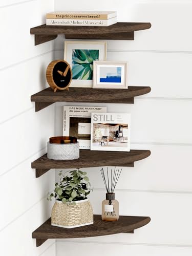 Image of Forbena Floating Corner Shelves for Wall Set of 4, Small Corner Bookshelf for Bedroom Books, Round Wooden Corner Shelf Wall Mount for Bathroom Plants, Kitchen, Living Room Decor (Dark Brown)