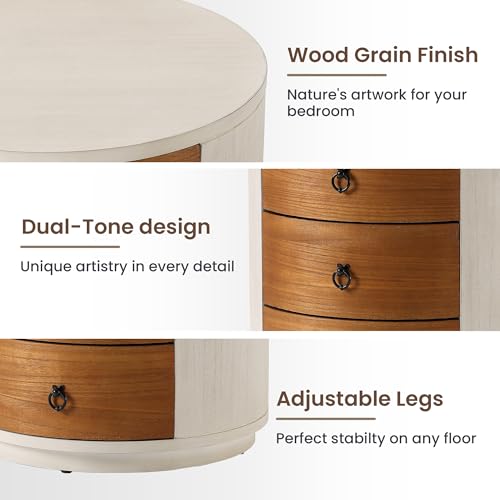 Image of HOMPUS Fully Assembled Round Nightstand, 3 Drawer Chest of Drawers, Wood Rustic Farmhouse Dresser, Retro Modern Night Stand, Wood Rustic Farmhouse Dresser with Drawers for Bedroom, Brown + White