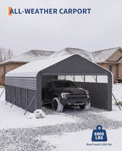 Image of GarveeLife 12x25x9 ft Metal Carport Oversized, Enclosed Car Ports | Removable 220 g Tarp / Gable End Doors and Sidewalls, for Sedans, Boats, and Tractors