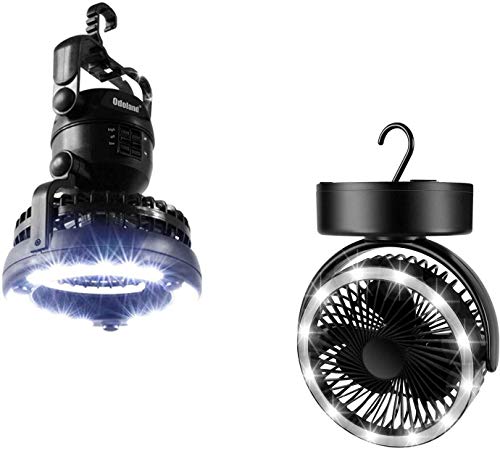 Odoland Bundle  2 Items Portable LED Camping Lantern with Ceiling Fan - Hurricane Emergency Survival Kit, Camping Light, Desk Fan, Tent Fan