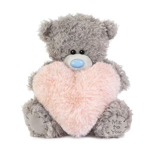 Me to You Tatty Teddy Plush 15cm-High 'With Love' Bear Holding Fluffy Heart On Luxury Gift Plinth - Official Collection, Grey - Image 3