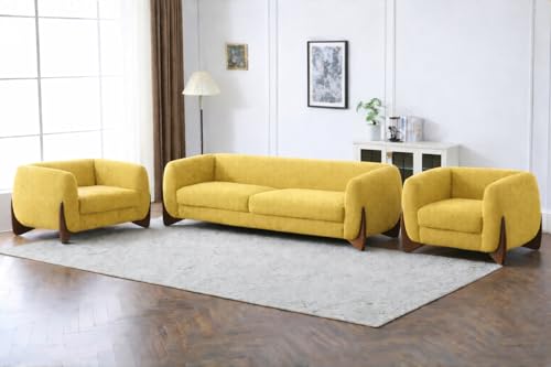 Image of Modern Classic 5 Seater Sofa Couch Fabric & Valvet Tufted Chesterfield Sofa Set Living Room and Office (Boucle Yellow 3+1+1) | Premium Material, Easy Maintenance, Spacious Seating