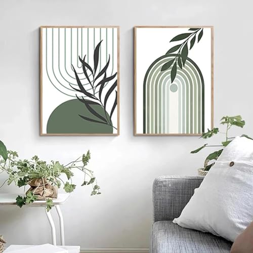 Toile peinture sauge verte triptyque géométrique grand format 60x90