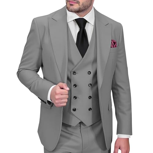 SUZHIMO Mens 3 Piece Suits Slim Fit Formal Business Double Breasted Suit Wedding Prom Dinner Party Suit