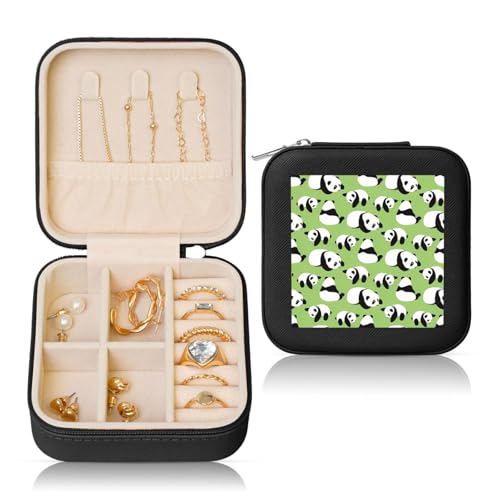 SSYGHT - Black Square Leather Jewelry Box - Portable Green background panda Print Storage Case for Rings, Earrings, Necklaces & Bracelets
