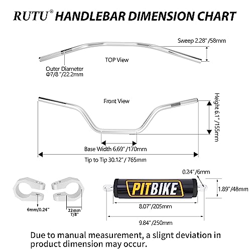 Image of Handlebars 7 /8 Inch for Motorcycle,RUTU Upgraded Universal Dirt Bike Handle Bar with Crossbar Pad Mid-Rise Mini Bike Pit Bike Handlebar for Motocross ATV Quad - Silver