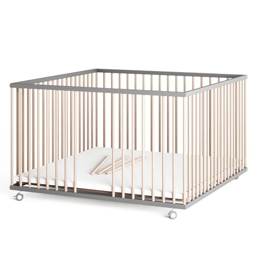 Sämann Laufstall Baby mit Matratze Cloud Air und Schlupfsprossen | TÜV geprüft | stufenlos höhenverstellbar | Laufgitter Premium | Babybett aus Holz | Krabbelgitter (grau/natur, 120x120 cm)