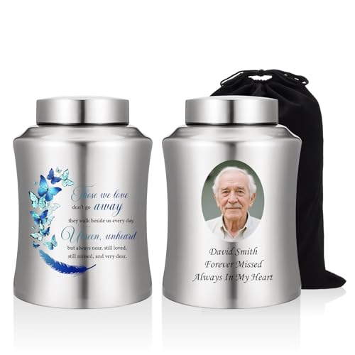 SOITIS Photo Customized Cremation Urns for Human Ashes 8.47 Inches Stainless Steel Urn Decorative Urns for Adult Human Ashes Memorial Funeral Burial Urn for Ashes Adult Male Female Keepsake Ashes