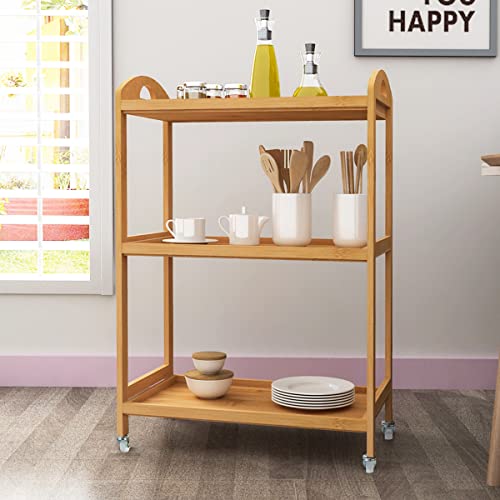 soges Bamboo Bar Serving Carts, 3-Tier Kitchen Storage Rack on Wheels, Mobile Organizer Trolley with 3 Shelves for Living Room/Bathroom - Thumbnail 4