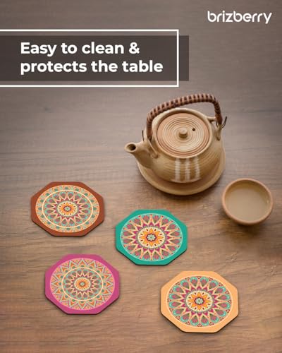 Image of Brizberry Brizcoast Premium Designer Printed Beautiful Wooden Coasters Fit for Tea Cups, Coffee Mugs and Glasses (3.5X3.5 Inch) (Octagon 3 (Set of 4))