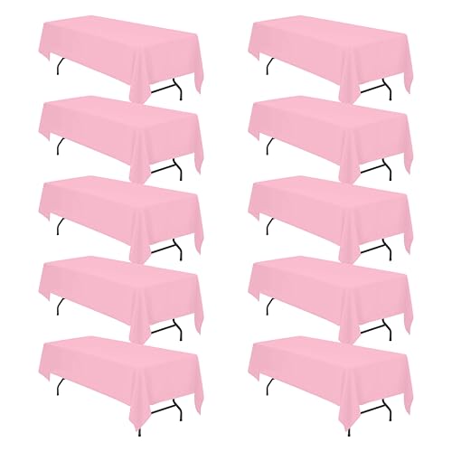 Image of BRILLMAX 10 Pack Pink Tablecloths 60x126 Inch for 8ft Rectangle Tables | 150 GSM Polyester Fabric, 15 inch Standard Drop, Water, Stain & Wrinkle Resistant Cloth Cover for Wedding Reception Banquet Party