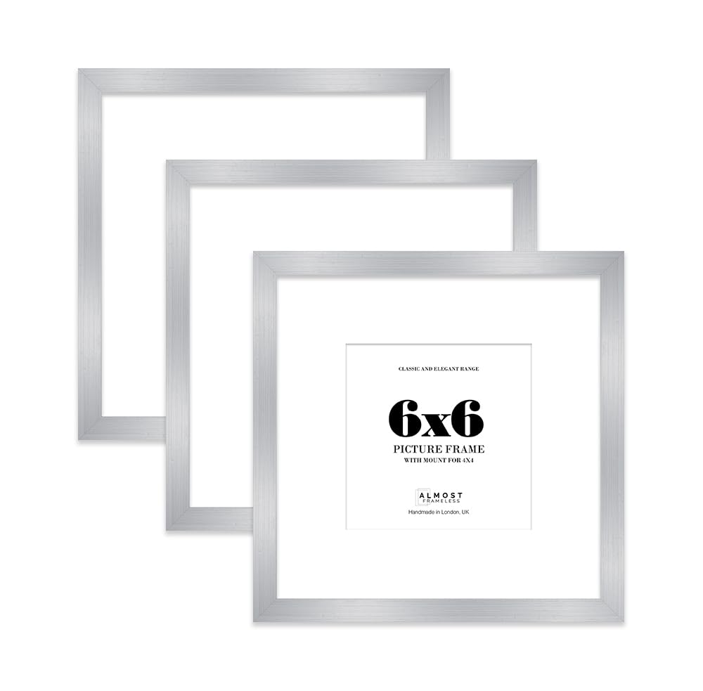 6x6 Silver Picture Frame with Mount for 4x4 Photos, Prints - Modern Square Wall Frame, Set of 3