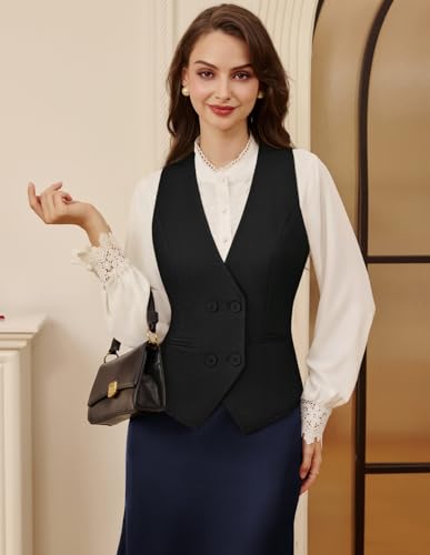 Belle Poque Vest Tops for Women 2025 trendy Sleeveless V-Neck Double Breasted Work Suit Waistcoat Vests with 2 Pockets3