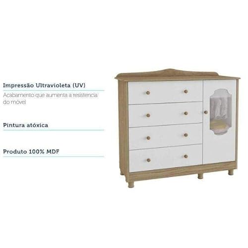 Cômoda para Quarto de Bebê 4 Gavetas 1 Porta Móveis Peroba Branco/carvalho