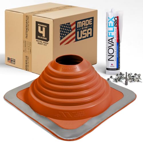 Fasteners Plus #4 Square Silicone Metal Roof Pipe Flashing Boot with Complete Install Kit (Made in...