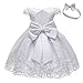 Robe Bapteme Bébé Fille Broderie Bowknot Princesse Tulle Tutu Demoiselle D'honneur Mariage Communion Ceremonie Anniversaire Carnaval Robe de Bal de Soirée+Bandeau pour Petite Enfants Blanc 2-3 Ans