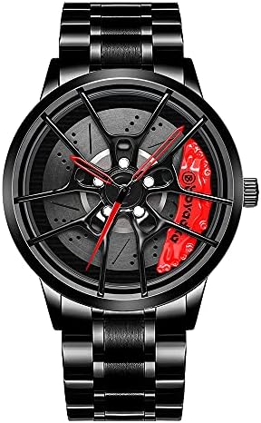 BOYADKA Car Wheel Watches,Waterproof Stainless Steel Japanese Quartz Wrist Watch Sports Men’s Watches with Car Wheel Rim Hub Design for Car Enthusiast (Black)