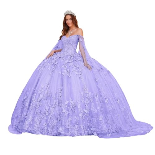 Puffy Glitter Tulle Quinceanera Dresses Elegant Off Shoulder Ball Gowns 3D Butterfly Sweet 15 16 Dresses with Cape
