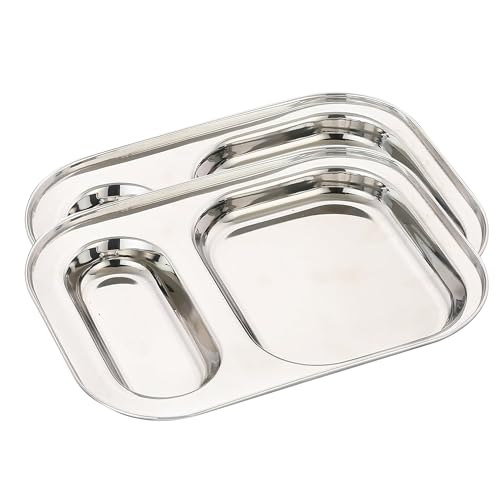 Image of Expresso 2 in 1 Rectangle Eight Compartment Divided Plate /Thali /Bhojan Thali /Mess Tray /Dinner Plate | Plates for Lunch /Dinner with Mirror Finish Stainless Steel Bhojan Plates Set of 2