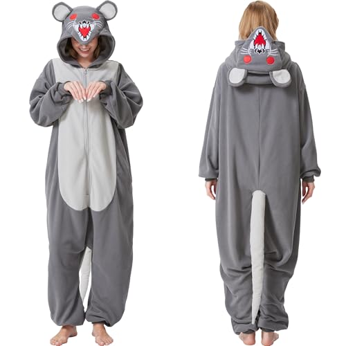 HMHMAWAHV Adult Rat Onesie Mouse Halloween Costume Cozy Animal Pajamas One-Piece Cosplay Suit for Women and Men