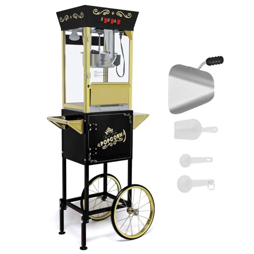 12oz Commercial Popcorn Machine with Cart, Vintage Theater Style Popper with Stainless Steel Kettle & Wheels for Parties, Business, Home Events
