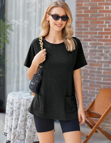 Image of Ekouaer Two Piece Sets for Women Summer Outfits 2026 Lounge Set Crew Neck Tshirts Biker Short Sweatsuit with Pocket