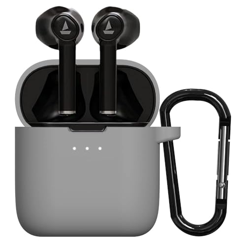 Image of Sounce Earphone Case Cover Compatible with Boat Airdopes 131, Soft Silicone Skin Case Cover Shock-Absorbing Protective Case with Keychain [Front LED Visible] - (Grey)