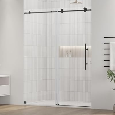 DELAVIN 44-48" W x 72" H Frameless Shower Door, SGCC Tempered Clear Black Shower Door with Stainless Steel Handle, Sliding Shower Doors with Seal Strip Preventing Water Leakage Easy to Clean