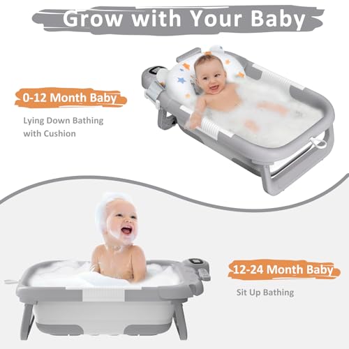 Image of Collapsible Baby Bath Tub for Newborn to Toddler with Floating Cushion for Bath Support, Portable Baby Bath Tub with Real-Time Temperature Monitor, Baby Bath Essentials, Gray