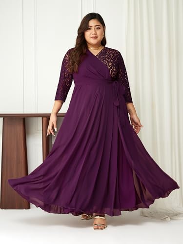 Image of Miss Chase A+ Women's Floral Printed Relaxed Fit V -Neck 3 /4Th Sleeve Georgette Maxi Dress