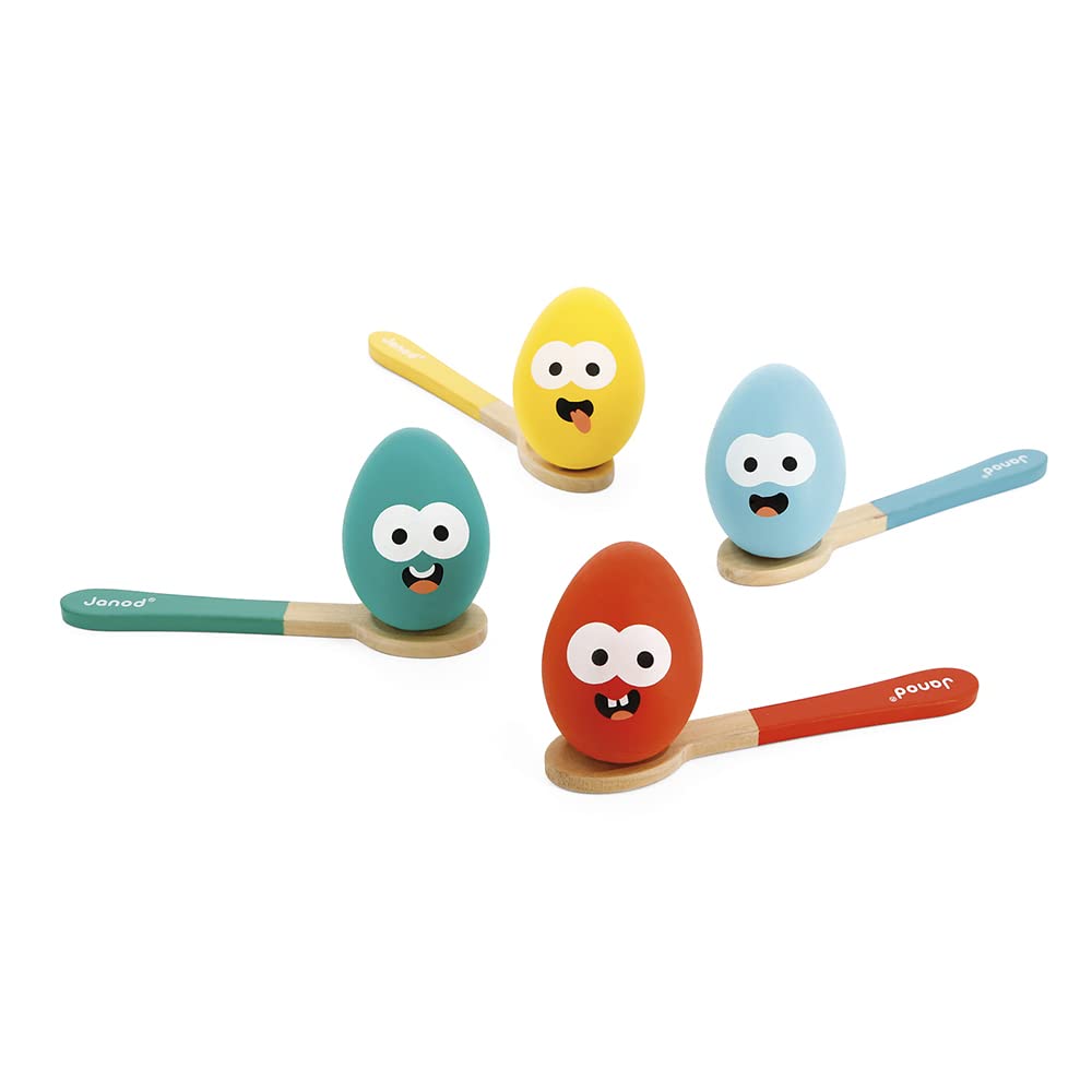 Janod - Egg Race - Game of Skill - 4 Spoons and 4 Wooden Eggs - Dexterity and Balance - FSC-Certified - Water-Based Paint - 3 Years + - J07729