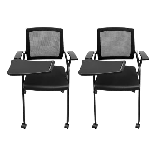 Conference Room Chair, 2Pcs Ergonomic Foldable Reception Chair High Load Bearing Armchair Portable Bouncing Back Office Chairs with Tabletop&Casters for Conference Halls Schools Step Classrooms