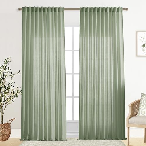 Image of XTMYI 70 Inches Wide Sage Green 96 Inches Long Country Curtains for Living Room,Sheer Linen Curtains for Bedroom
