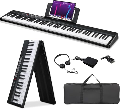 Ktaxon Foldable Piano Keyboard 88 Key Electronic Keyboard Piano with A Portable Bag, Professional Pedal, Stereo Headphones and Smart MIDI Bluetooth Function(Black)