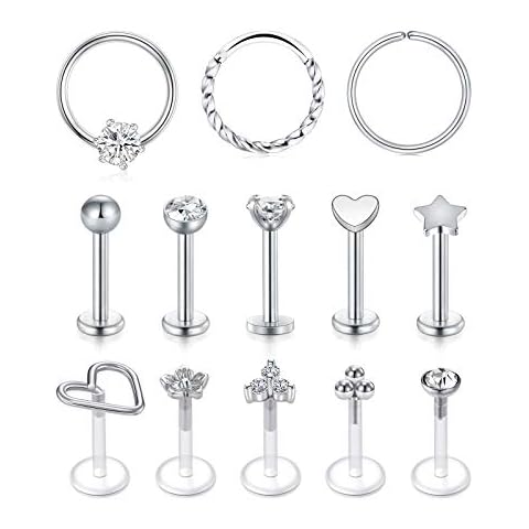 AceFun 16G Cartilage Earrings Tragus Stud Earrings Forward Helix Earring Surgical Steel and Clear Acrylic Monroe Lip Rings Nose Studs Silver Body Piercing Silver Cover