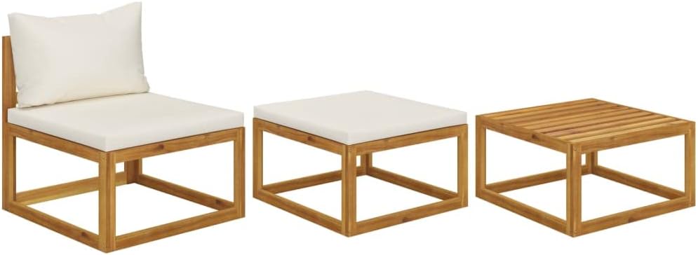 vidaXL 3 Piece Patio Lounge Set - Weather Resistant Outdoor Furniture with Cream Cushions, Solid Acacia Wood, Ideal for Garden/Patio/Balcony Spaces