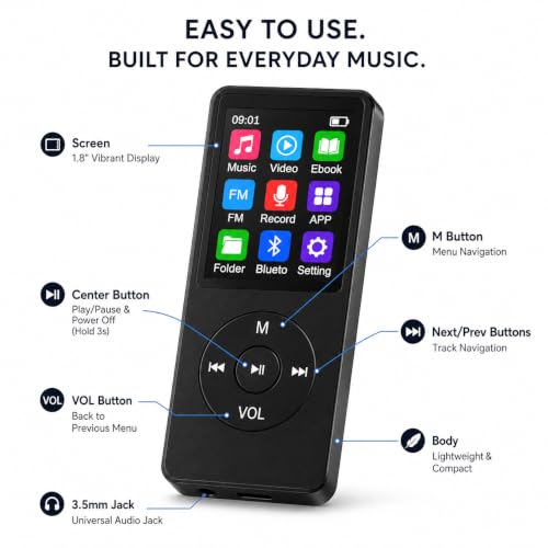 Image of Xzor Bluetooth MP3 Player with 1.8 inch Display - Built-in Speaker, FM Radio, eBook | Voice Recorder | Wired Earphones Included | 7 EQ Modes | 48-Hr Battery | Expandable Up to 128GB | Matte Black