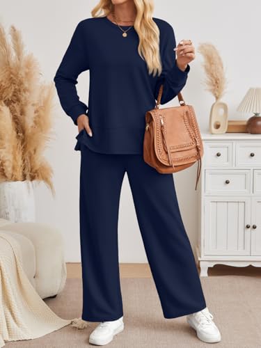 AUTOMET Womens 2 Piece Sweatsuits Outfit Lounge Sets Side Slit Sweatshirt Wide Leg Tracksuit Travel Loungewear with Pockets2