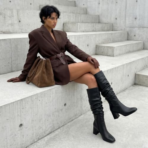 Image of Knee High Boots Women Square Toe Chunky Heel Fashion Tall Boots | Block Heel Gogo Boots with Side Zipper,Fashion Heeled Fall Winter Boots,Long Dressy Boots for Women