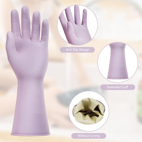 AUAUY 3Par Reutilizables Guantes Limpieza Hogar, Antideslizantes Guantes Limpieza Sin Olor, Impermeables Guantes Largos con Palma en Relieve para Limpieza Cocina, LavanderíA (Verde+Naranja+Morado, S) - imagen 4