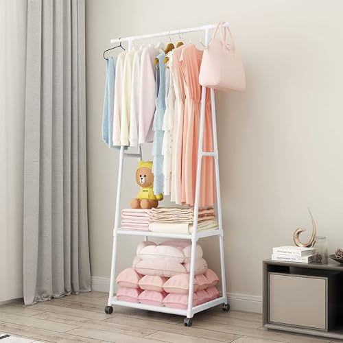 Image of Lukzer A-Shape Metal Garment Rack with 2 Bottom Shelves, Portable Closet Organizer for Bedroom, Clothes Hanging Stand for Living Room, White - 160x55x42cm, MGR-010
