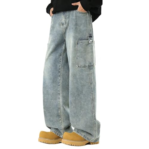 Pantalones vaqueros para hombre, efecto vintage, pantalones informales de pierna ancha, pantalones informales, pantalones vaqueros informales, pantalones vaqueros holgados para hombre, pantalones