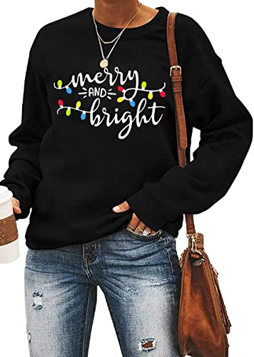 Image of Christmas Sweatshirt Women Merry and Bright Christmas T-Shirt Funny Xmas Lights Blouse Tops Holiday Shirts