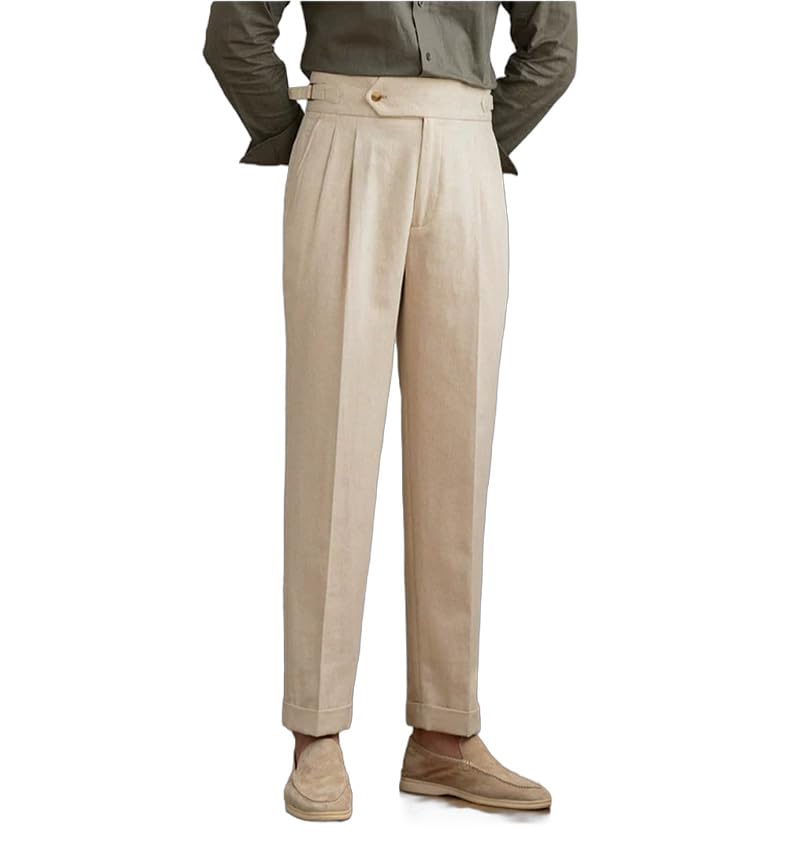 SevenBoy Men's Flat Front Linen Blend Dress Pant, Regular Fit, High-Waisted Straight