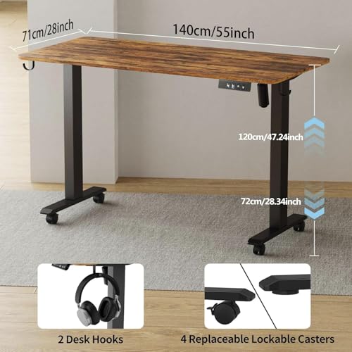 TIQLAB Electric Standing Desk, Adjustable Height Stand up Desk, 55 * 28 Inches Sit Stand Home Office Table with Splice Board, Rustic Brown