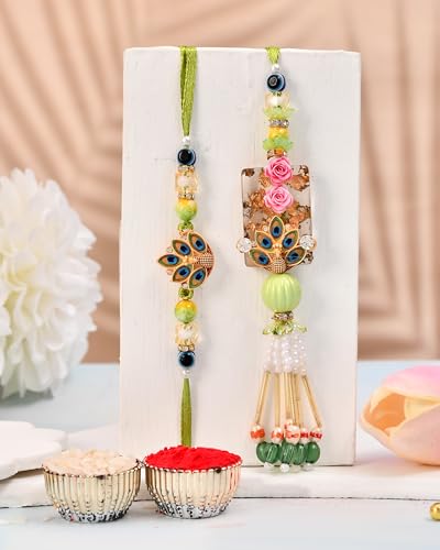 Image of CraftVatika Designer Rakhi Set for Brother Bhaiya Bhabhi | Peacock Rakhi for Bhaiya Bhabhi Raksha Bandhan Couple Set of 2 with Fridge Magnet Gift, Rakshabandhan Greeting Card, Tilak Set,Home decor