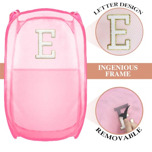 Image of Collapsible Pop Up Laundry Hamper, Extra Large with Removable Initial Letter E, Mesh Foldable Laundry Basket, 28 inch x 16 inch x 16 inch (Pink)