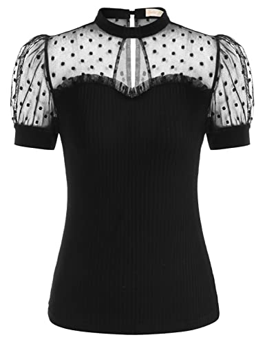 Mesh Polka Dot Top Short Sleeve Shirt Stretchy Sheer Tops Blouses Rockabilly Tops For Women ​Black M #TOP15